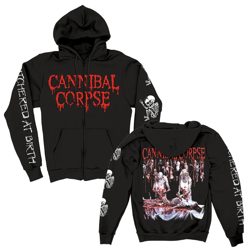 Cannibal Corpse Butchered At Birth Sleeve Print Zip Up Black Hoodie